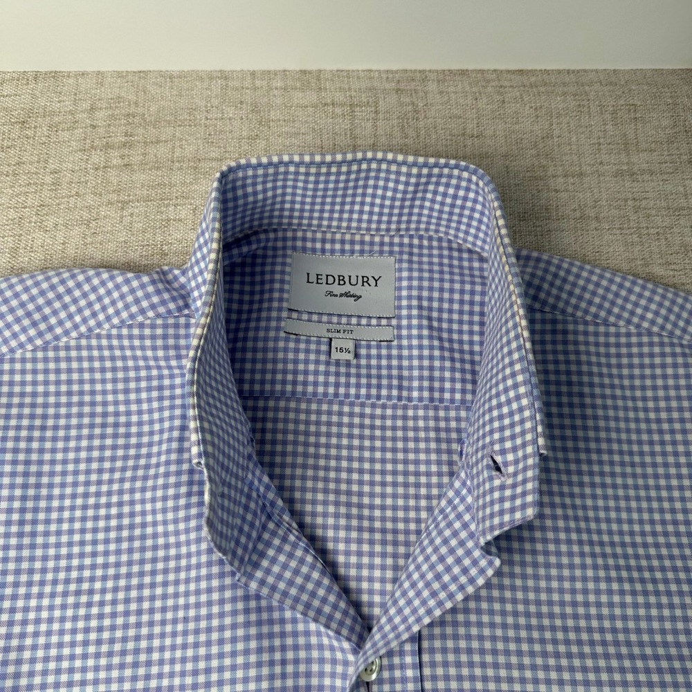 Ledbury Fine Shirting Shirt Mens 15.5 Slim Fit Blue Purple Gingham Cotton